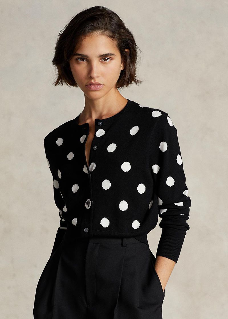 Sueter Polo Ralph Lauren Mujer Cropped Polka-Dot Merino Lana Cardigan Chile Negras JKGOH-3261